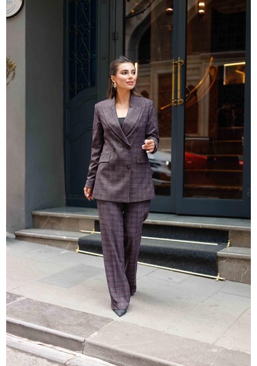 6 Düğmeli Kruvaze Ekose Takım Bordo Bordo