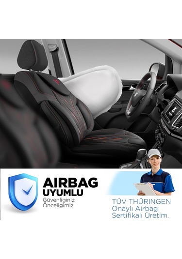 Panda Pars Serisi Deri Oto Koltuk Kılıfı - Siyah - Kırmızı