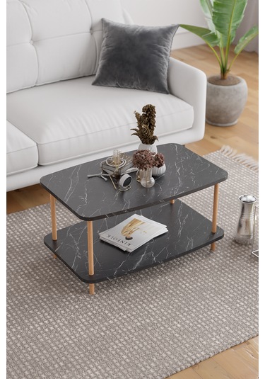 Orta Sehpa Ahşap Ayaklı Sehpa İki Raflı Sehpa-siyah