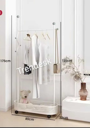 Ayaklı Beyaz Konfeksiyon Askısı Metal Elbise Askılığı Oval Sepetli Askılık Tekerlekli 175 Cm 6006 Beyaz