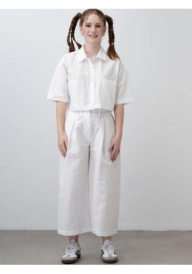 Kız Çocuk Crop Gömlek Poplin Pantolon Takım-15793 Beyaz