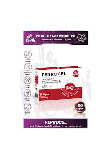 Dr. Henri Ferrocel Demir Bisglisinat Vitamin D3 ve Vitamin C 30 Kapsül