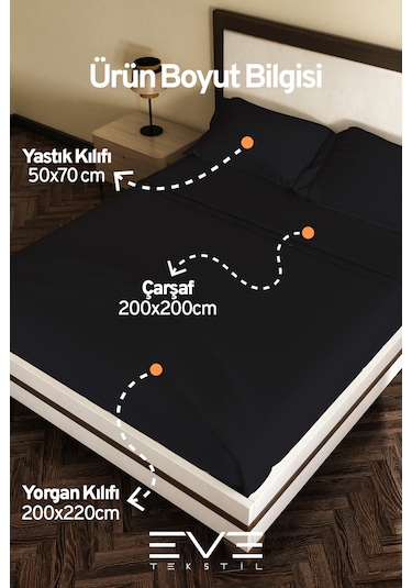 Eve Tekstil %100 Pamuk Ranforce Çarşaflı Yastık Ve Yorgan Kılıflı Çift Kişilik Nevresim Takımı 200x220 Cm Siyah