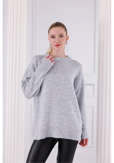 Bisiklet Yaka Oversize Basic Triko Kazak Gri