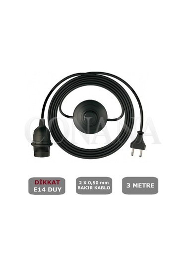 E14 Duylu 3 Metre Yerpuarlı Aç Kapat Anahtar Fişli Seyyar 2x0,50 Siyah