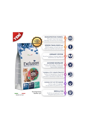 Exclusion Mediterraneo Monoprotein Düşük Tahıllı Ton Balıklı Ve Narlı Kısırlaştırılmış Kedi Maması 12 KG