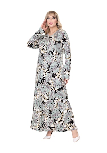 Melsay Butik Yeşil Beyaz Tropik Desen Uzun Kollu Kadın Tesettür Elbise Yeşil