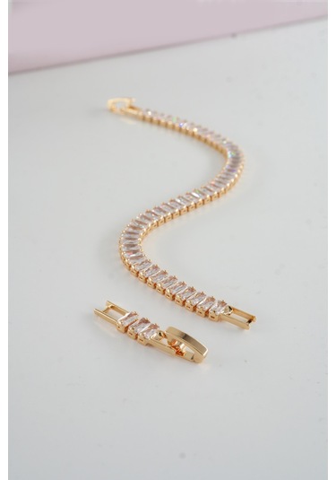 Kadın 316 L Çelik Vip Seri Antialerjik Baget Zirkon Taşlı Su Yolu Bileklik Ölçüleri 17cm + 3 Cm Uzatma 6 Mm Taş Boyutu-5213 Altın