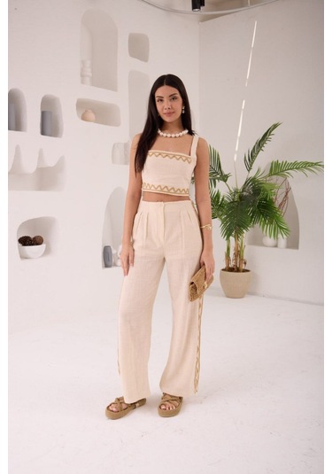 Zikzak Nakış Kalın Askılı Crop Bluz Pantolon 2li Takım Bej