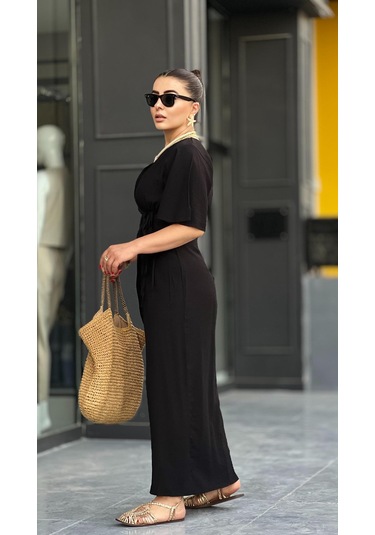 Siyah Çift Bel Bağlamalı Maxi Boy Elbise Siyah