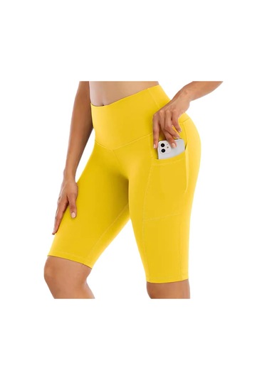 Beş Puan Spor Şort Kadın Yan Cebi Kalça Dar Ve Elastik Koşu Spor Sıcak Pantolon Yüksek Bel Yoga Şort Sarı