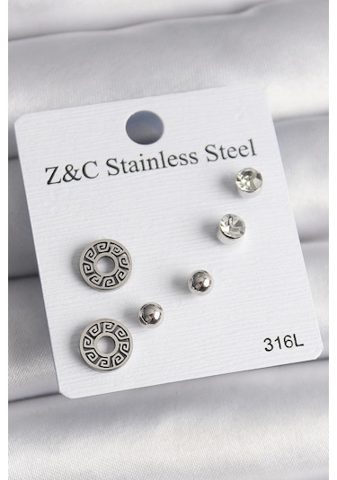 316l Çelik Gümüş Renk Zirkon Taşlı Labirent Model Kadın Küpe Seti