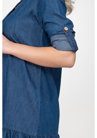 Bold & Young Kadın Cepli Kol Britli Etek Ucu Büzgülü Katlanır Kol Gömlek Elbise İndigo