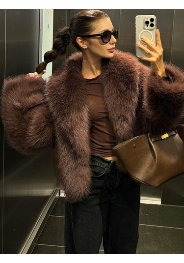 Kışlık Kadın Suni Kürk Mont Kahverengi