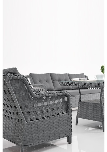 Deniz Rattan Puflu Bahçe Balkon Takımı 3+1+1 Antrasit