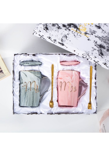 Tenfowee Ev Kullanıma Uygun Nikah/yıl Dönümü Hediyesi 2'li Seri: Siyah Ve Pembe Harf Desenli Seramik Bardak, Kapak Ve Kaşık İçeren Sürekli Kullanılabilir Set Gri