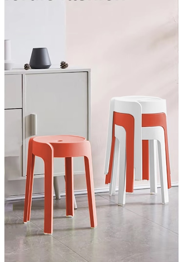 Kaymaz Ayaklı İçiçe Geçebilen Plastik Tabure 4 Adet Mercan-beyaz