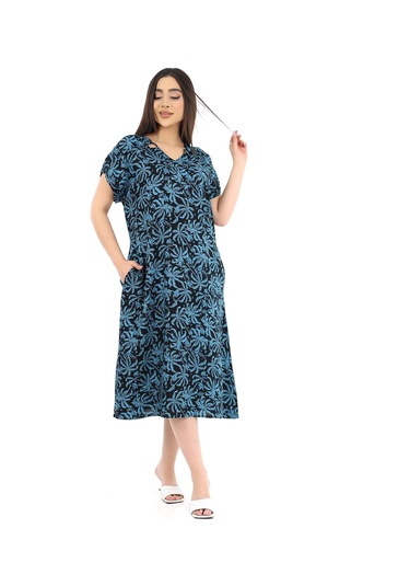 Schık Kadın Viskon Yarım Kol V Yaka Halkalı Cepli Elbise Petrol Mavisi Petrol Mavi