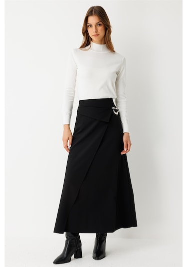 Toka Detaylı Anvelop Kapamalı Etek Siyah Siyah