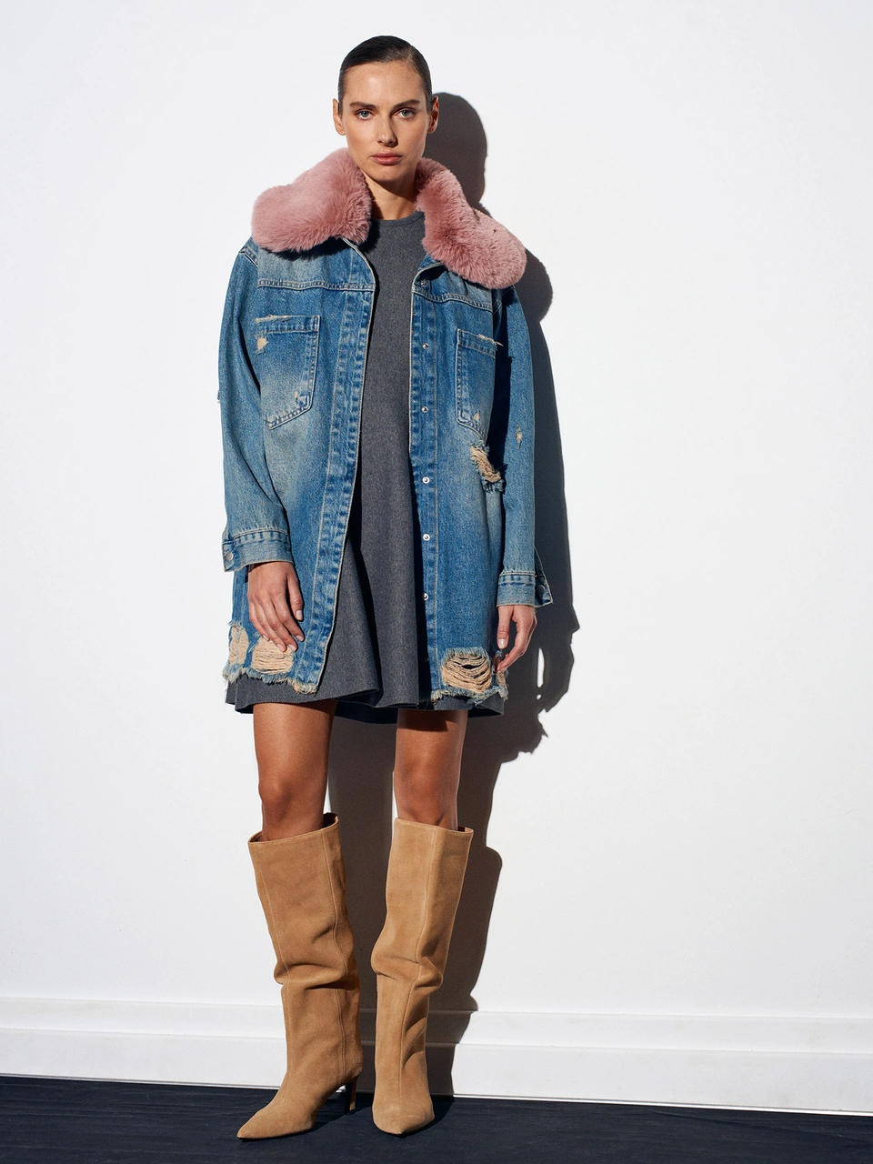 65378 %100 Pamuk Çıkarılabilir Kürklü Kot Ceket-tint Tint