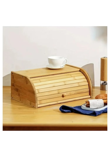 Bambu Rulo Kapaklı Ekmek Kutusu Doğal, Şık Ve Dayanıklı Ekmek Saklama Dolabı 40x27x18 Cm Bambu