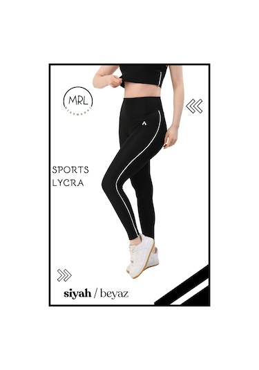 Kadın Yüksek Bel Toparlayıcı Spor Tayt Siyah / Beyaz Şerit Detaylı Lycralı Dalgıç 1041 Siyah Beyaz