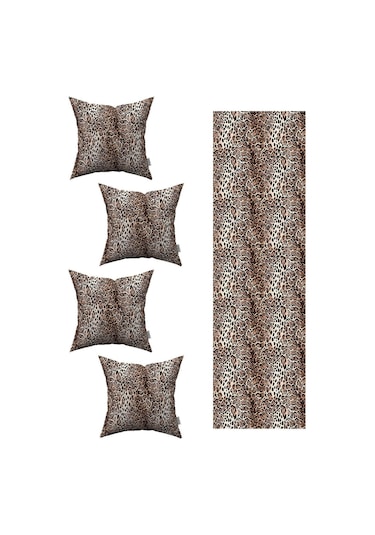 Kahverengi Siyah Leopar Desenli 4'lü Kırlent Kılıfı 1 Runner Seti 4kmbs209-rs