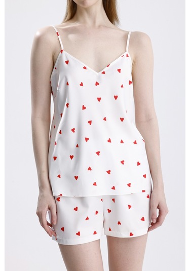 Laperissa Kadın Kalp Desenli Saten İp Askılı Şort Takım Çok Renkli