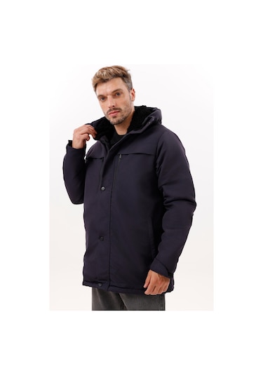 Erkek Polarlı Kürklü Su Ve Rüzgar Geçirmez Kapüşonlu Kışlık Mont & Kaban & Parka - Elyaflamalı Lacivert