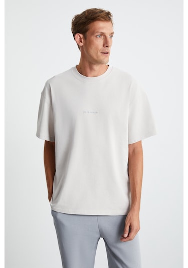 Grimelange Rıver Erkek Oversize Fit Bol Kesim Nakış Işlemeli Basic Örme Taş Rengi T-shirt Taş Rengi
