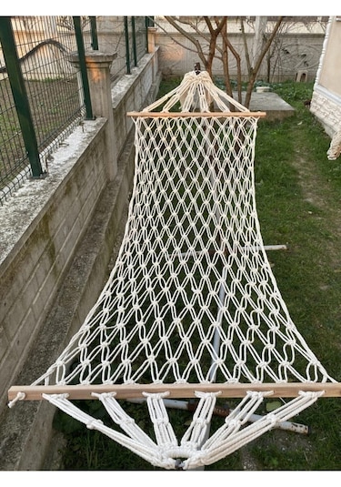 Tek Kişilik Çift Örgülü Makrome Pamuk Hamak Salıncak 95x220 Cm Beyaz