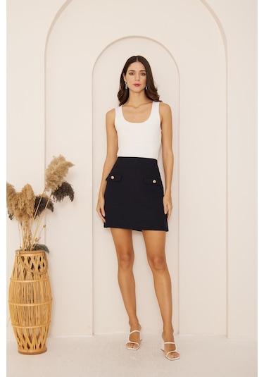 Darlin Moda Lacivert Düğme Detaylı Tweed Mini Etek Dm2033 Lacivert