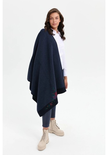 Desen Triko Üç Çiçekli Nakış İşlemeli Kadın Yün Şal 24055 Lacivert