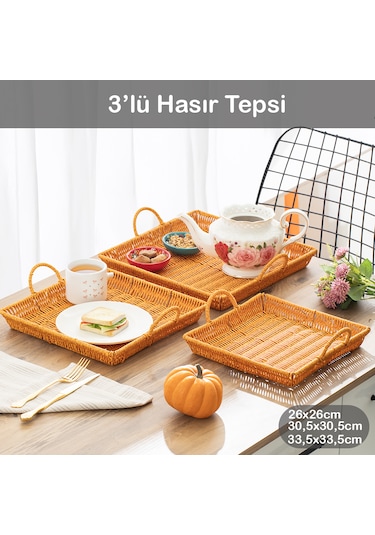 Porsima 709a Kare 3'lü Hasır Tepsi Dekoratif Sunum Servis Tepsisi