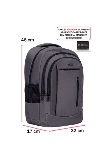 Dada 05 Gri Laptop Sırt Çantası 14-15,6 İnç Usb Aparat Ortopedik Sırt Darbe Emici Koruma