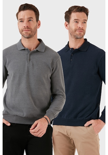Buratti Pamuk Karışımlı Regular Fit 2'Li Paket Erkek Polo Yaka Kazak 456223S2 Koyu Gri-Lacivert