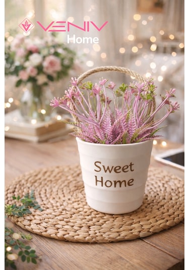 Dekoratif Sepet Saksı + Bitki - Pinterest Tasarım - 17 Cm Beyaz