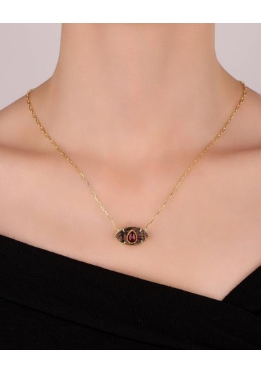 Doğal Taşlı Orta Boy Göz Gümüş Kolye