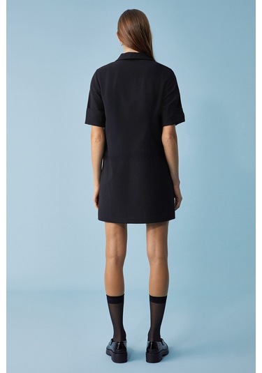 Nouru Kadın Polo Yaka Kısa Kol Oversize Fit Kısa Siyah Elbise