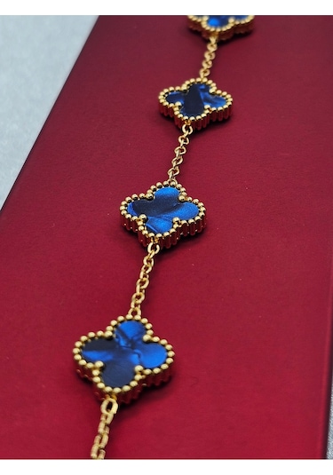 Sedefli Mavi Çelik Bileklik Gold Renk Yoncalı Model Altın