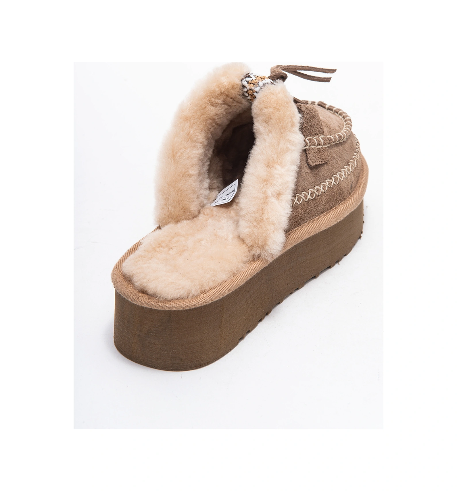 Yalına Kum Süet Hakiki Deri Dikişli Kürklü Kadın Platform Tabanlı Makosen Terlik Kum