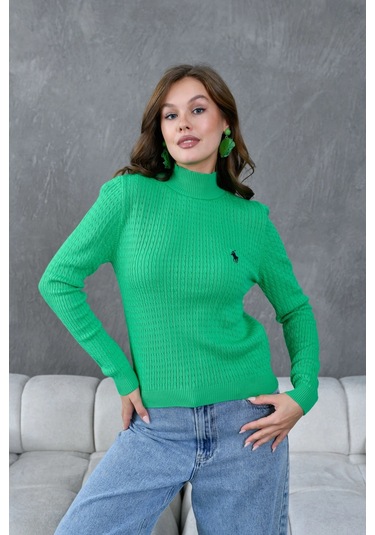 Kadın Dik Yaka Saç Örgü Nakış Detaylı Triko Kazak Yeşil