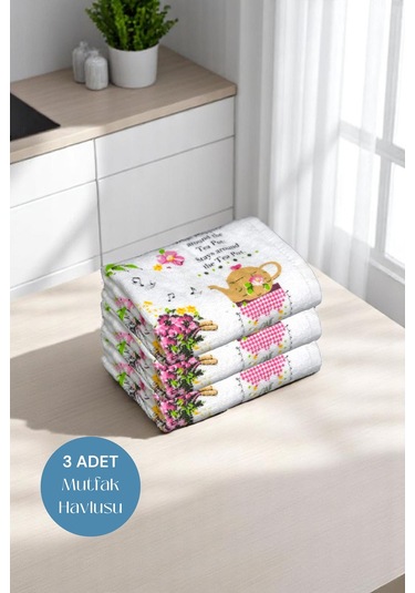 3lü Paket Baskılı Beyaz Mutfak Havlusu Modeli Coffee Time