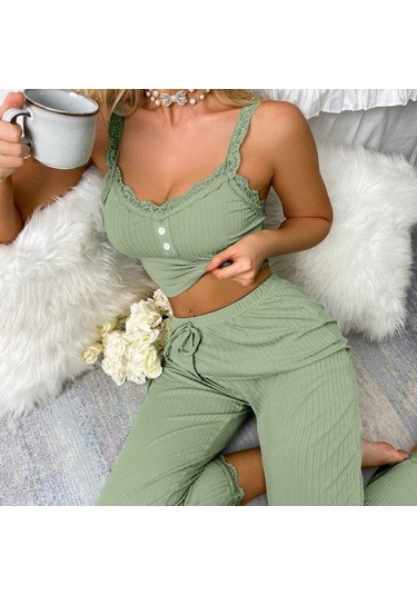 2 Adet/takım Pantolon Üst Takım Elbise Düşük Kesim V Yaka Kolsuz Düz Renk Büzgülü İpli Yüksek Elastik Bel Dantel Kadın Pijama Takımı Mor