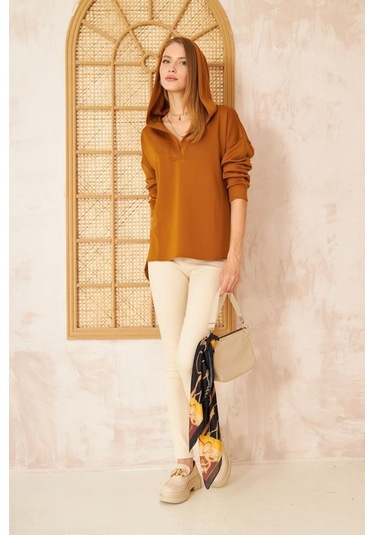 Kadın Scuba Kapüşonlu Arkası Uzun Salaş Rahat Kalıp Sweatshirt 3506230 Kahverengi