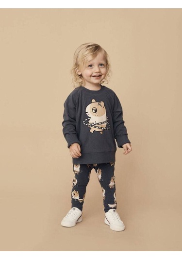 Kız Çocuk 2 İplik Kumaş %100 Pamuklu Sevimli Sincap Baskılı Alt-üst Takım Gri