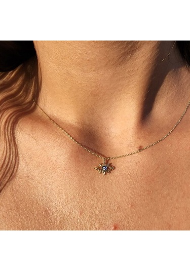 Tasarım Kirpik Nazar Boncuğu Lacivert Mineli Tasarım Stil Modern 14 Ayar Altın Kolye-altın Kolye