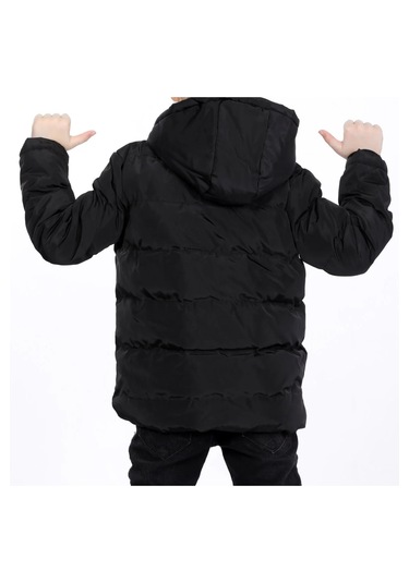 Erkek Çocuk Kolları Renk Bloklu Yazı Desenli Şerit Detaylı Fermuar Çıtçıt Kapamalı Siyah Renk Mont Siyah