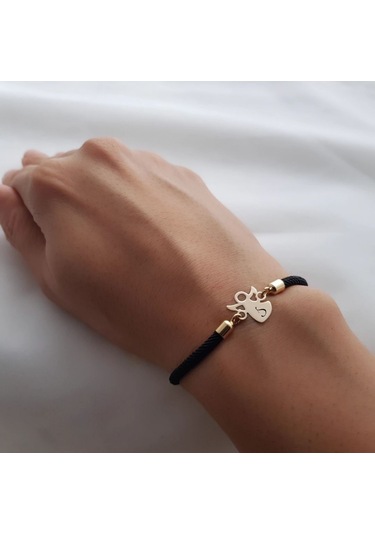 S Harfine Özel Mevlana Motifli Örgü İpli 14 Ayar Altın Plakalı Hediye Bileklik-319harf-siyah Altın