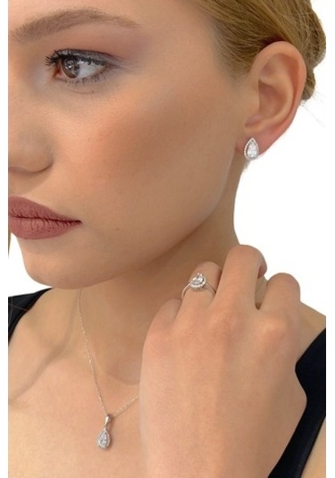 Sertifikalı Swarovski Damla Taşlı Tek Taş 925 Gümüş Set